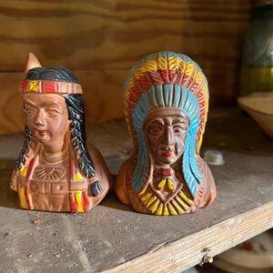 Vintage Native American Ceramic Busts in Brown, Red & Turquoise